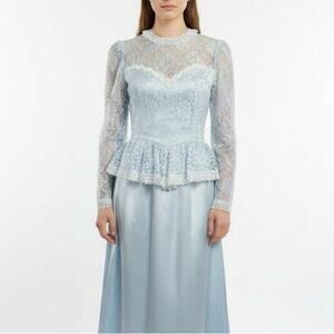 Gunne Sax Womens Dress Size 9 Light Blue White Lace High Neck Peplum Romantic